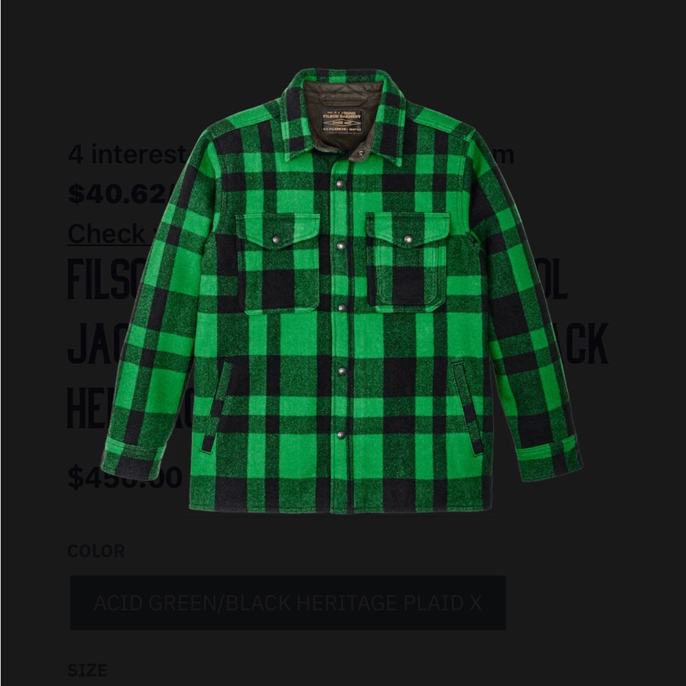 Filson Lined Mackinaw Jac-shirt new with tags size M